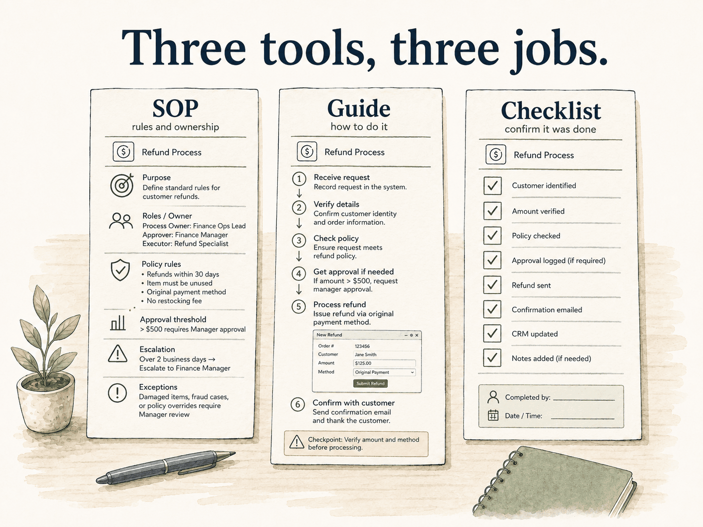 Illustration comparing an SOP for governance, a step-by-step guide for execution, and a checklist for verification.
