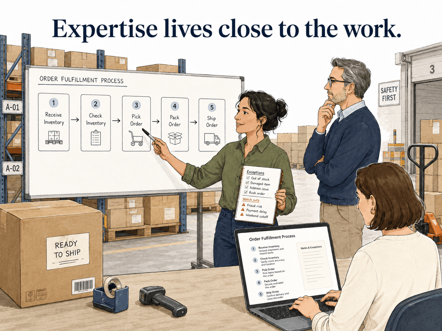 Diagram showing subject matter expert knowledge becoming shared documentation and training material.
