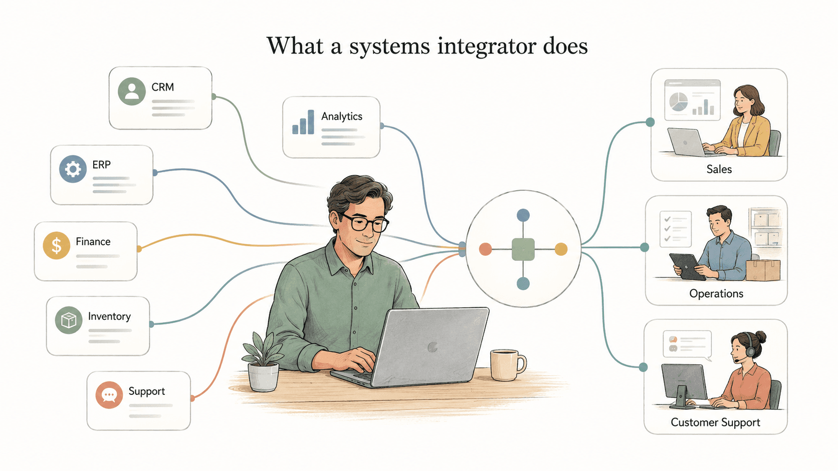 Diagram showing a systems integrator connecting software, data, identity, reporting, hardware, and workflows into one usable system.
