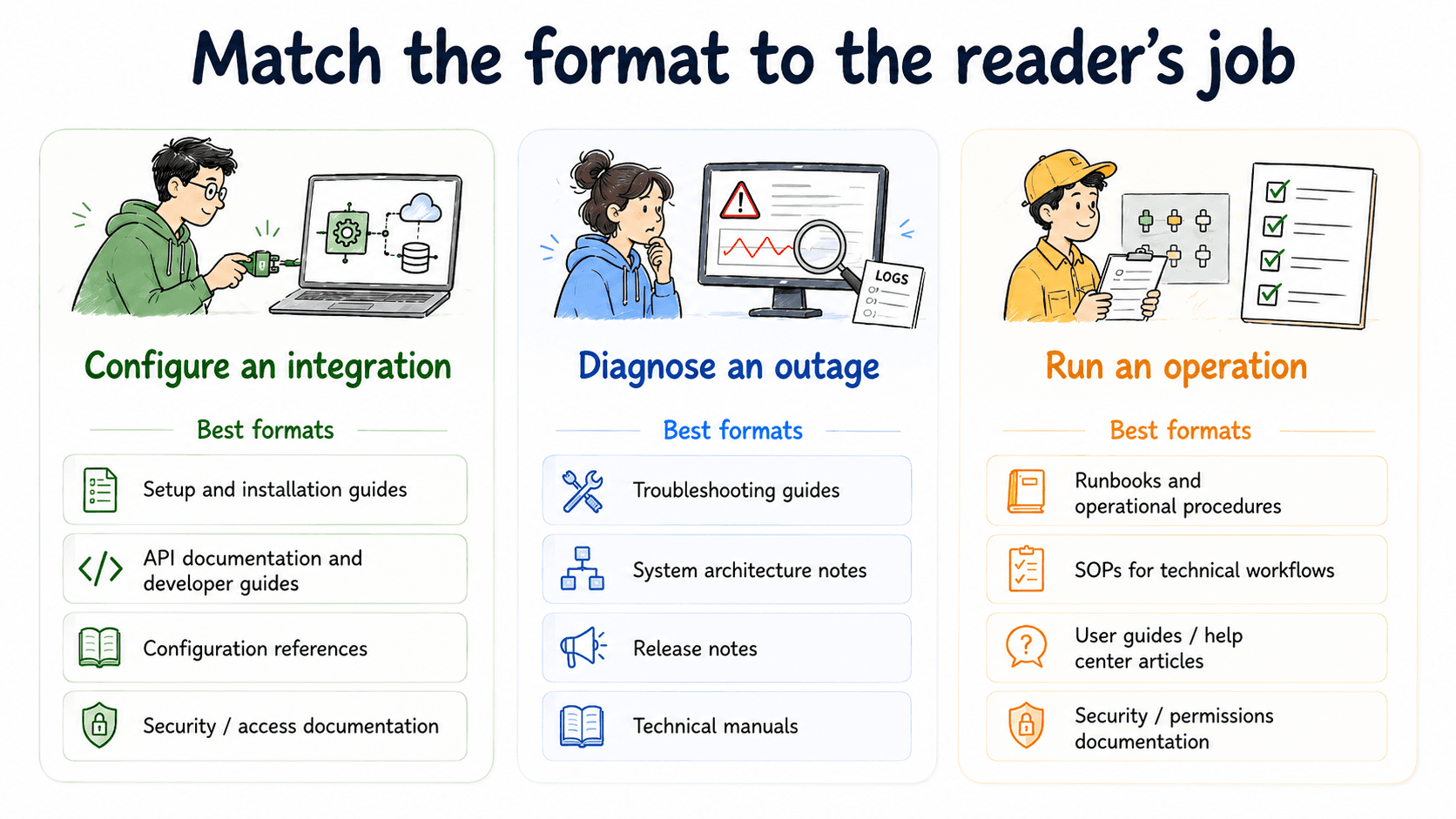 Diagram showing common technical documentation formats including setup guides, API docs, troubleshooting guides, runbooks, release notes, and configuration references.