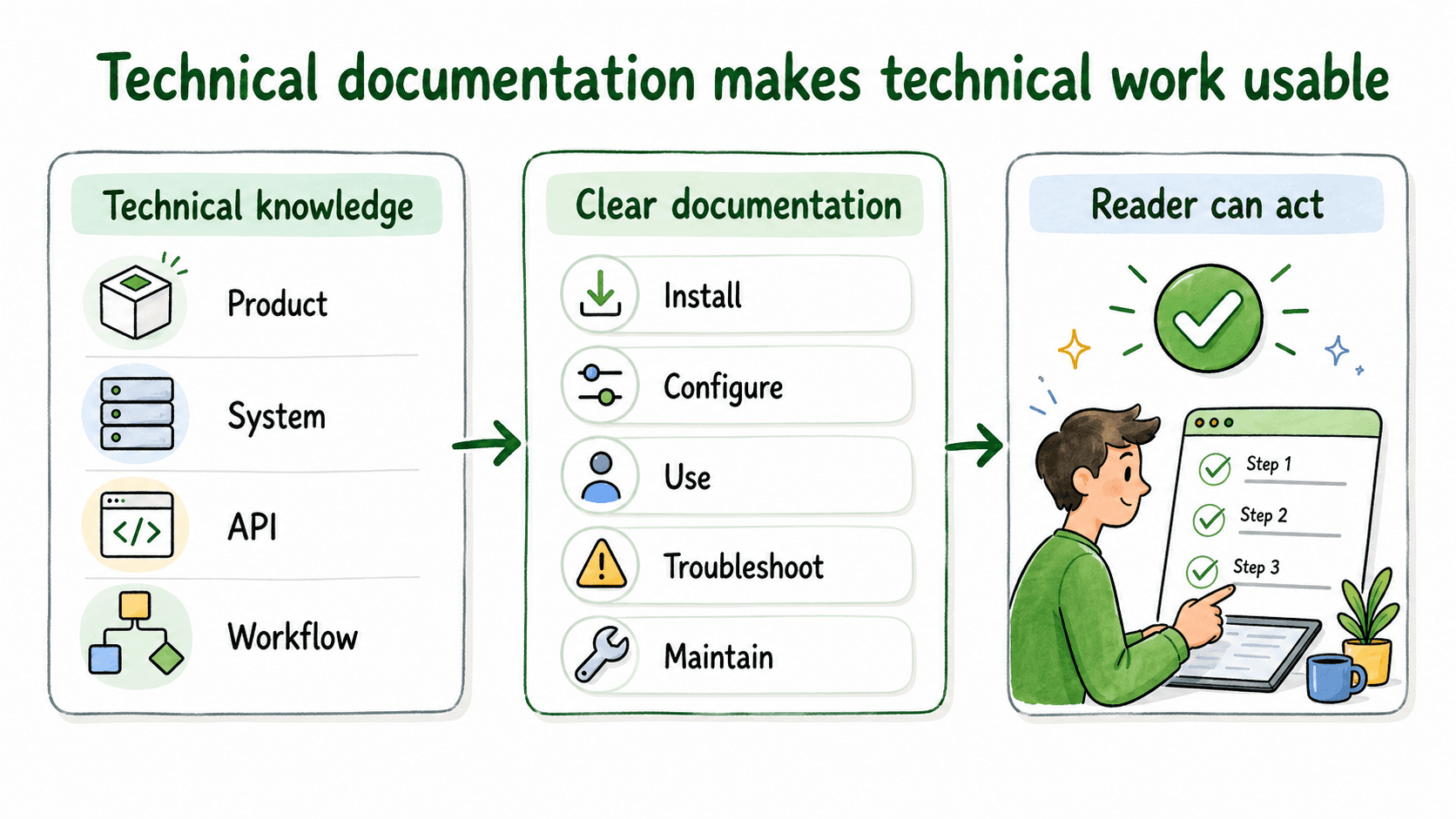 Illustration showing technical documentation connecting products, systems, APIs, processes, and technical workflows to reader needs.