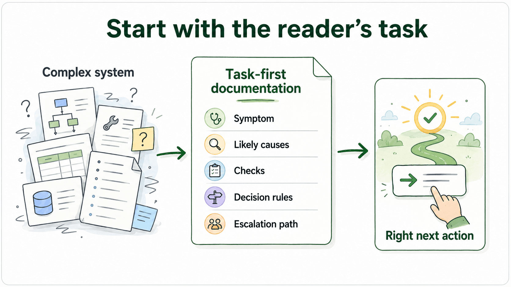 Diagram showing task-first technical writing that starts with reader goals and cuts unnecessary expert detail.