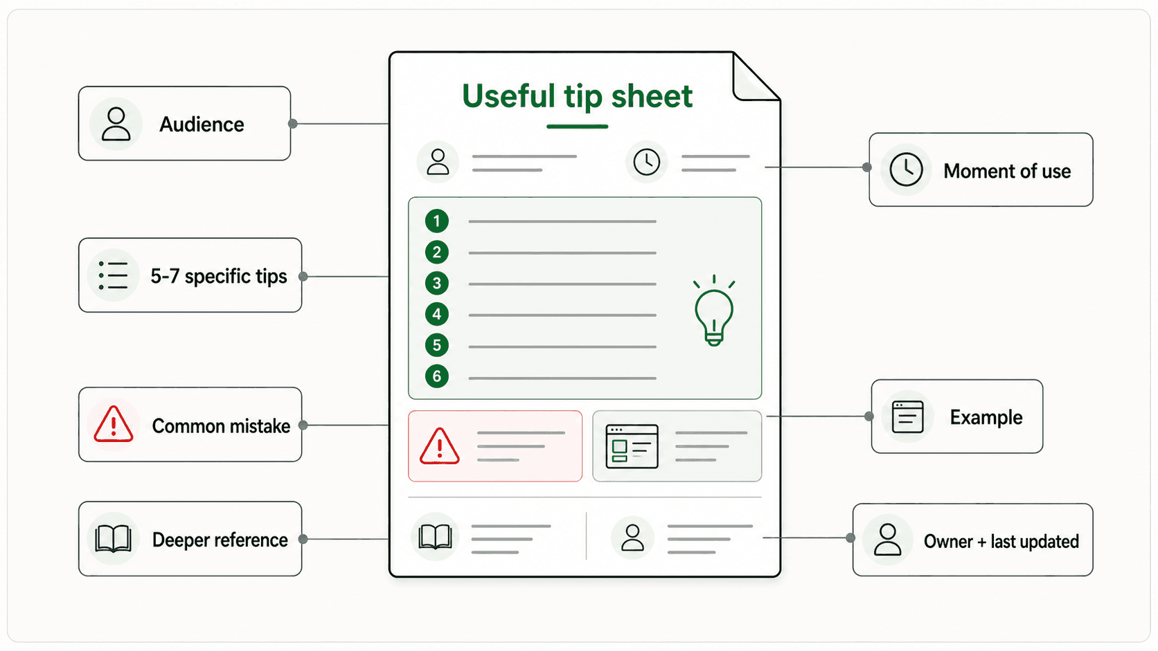 Tip sheet content checklist showing audience, moment of use, high-value tips, common mistakes, examples, and source documentation.