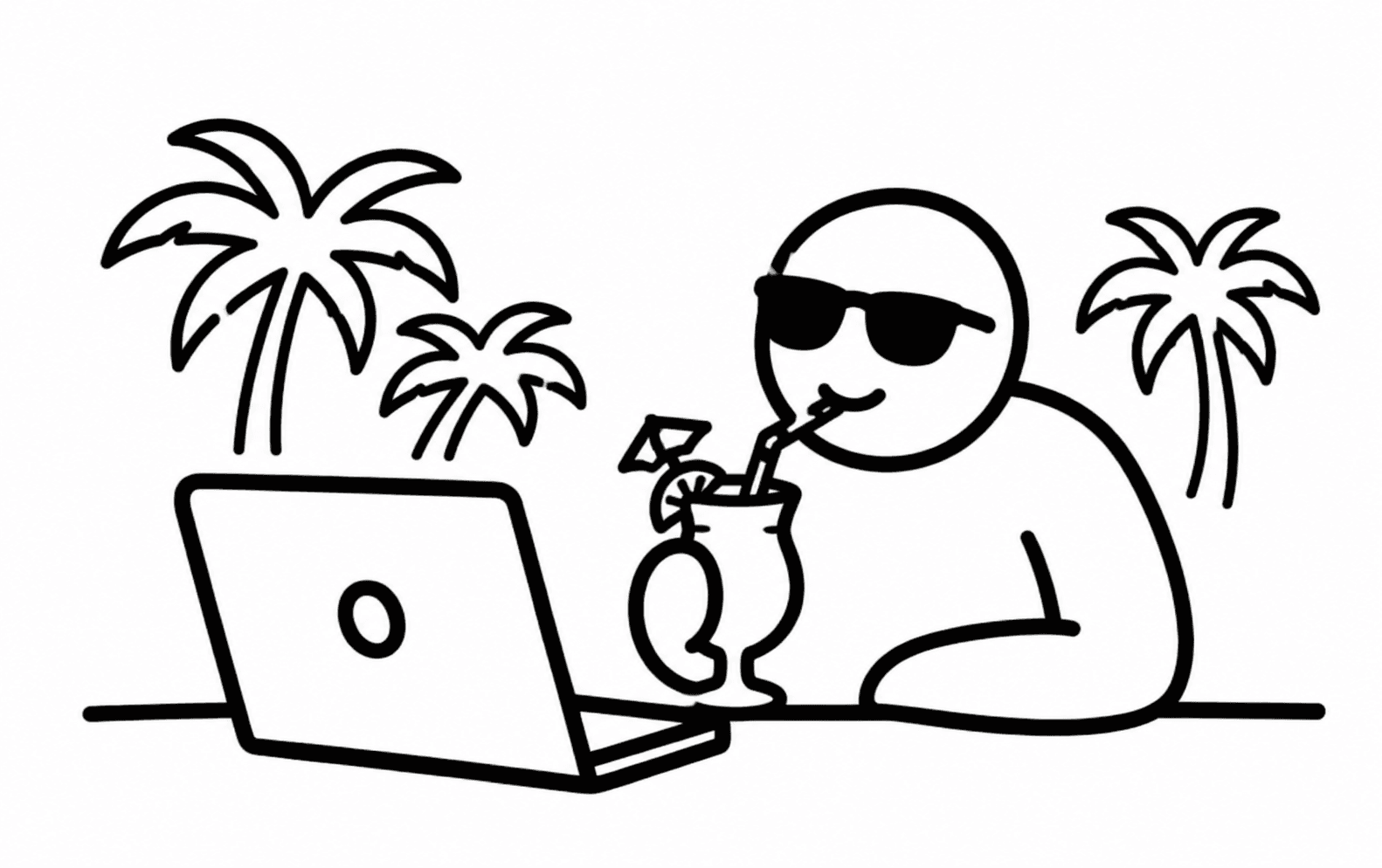 A relaxed person working on a laptop beside palm trees.