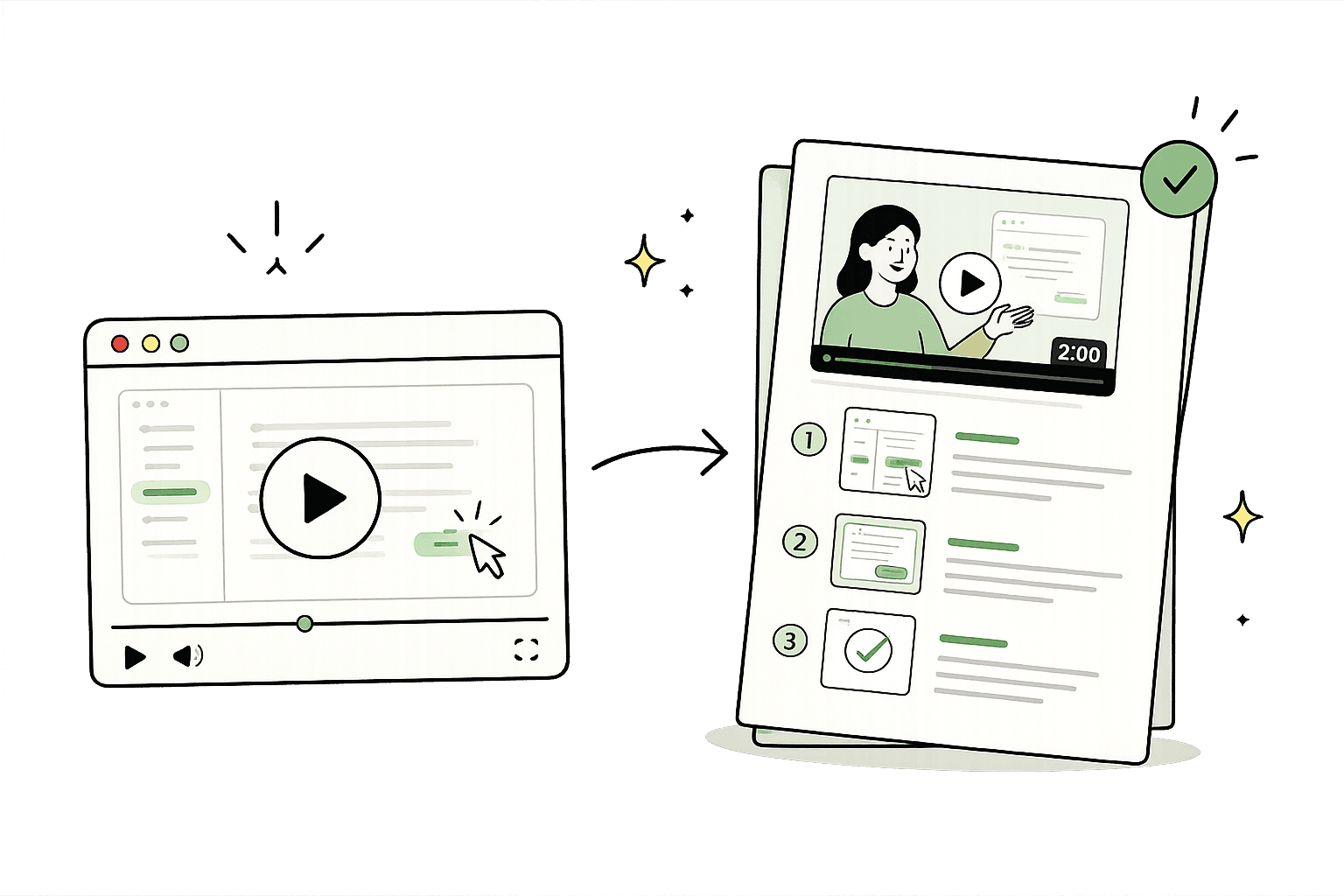 An illustration of a process video becoming a step-by-step SOP.