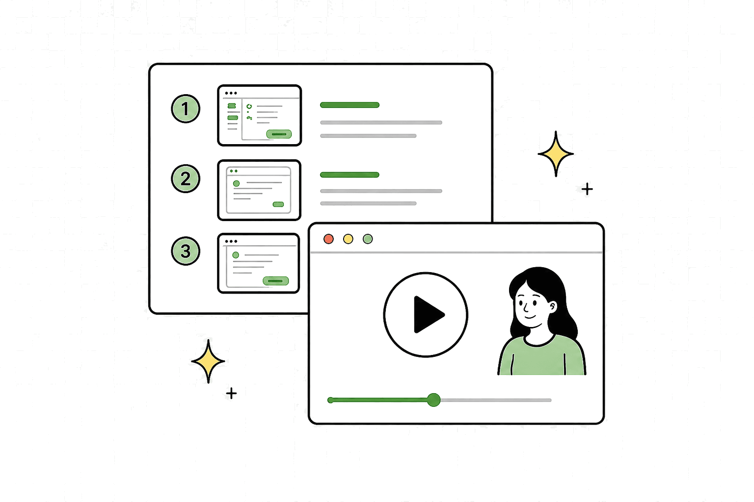 An illustration of a video recording becoming an annotated step-by-step guide.