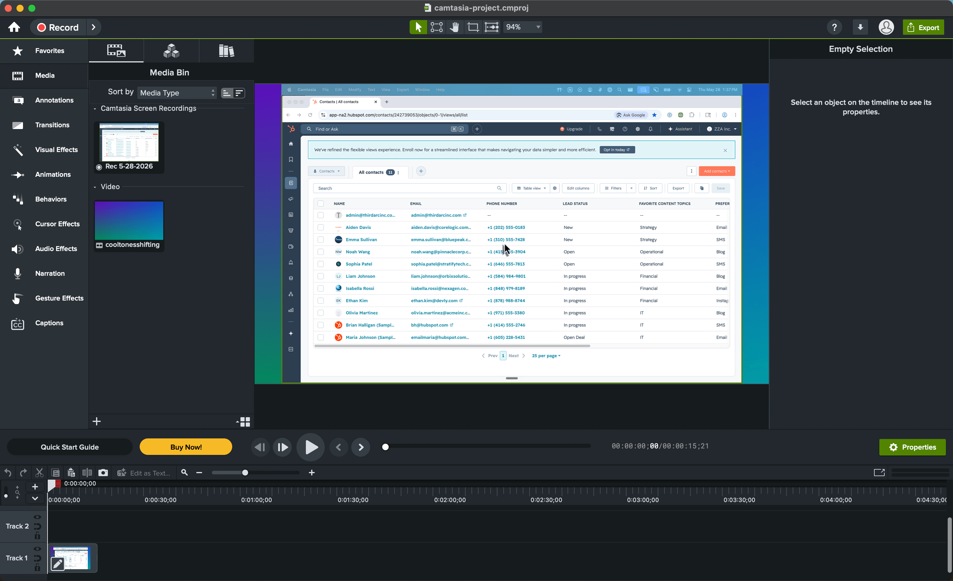 Camtasia's timeline editor gives teams detailed control over recordings, cursor effects, captions, audio, and training-video production.