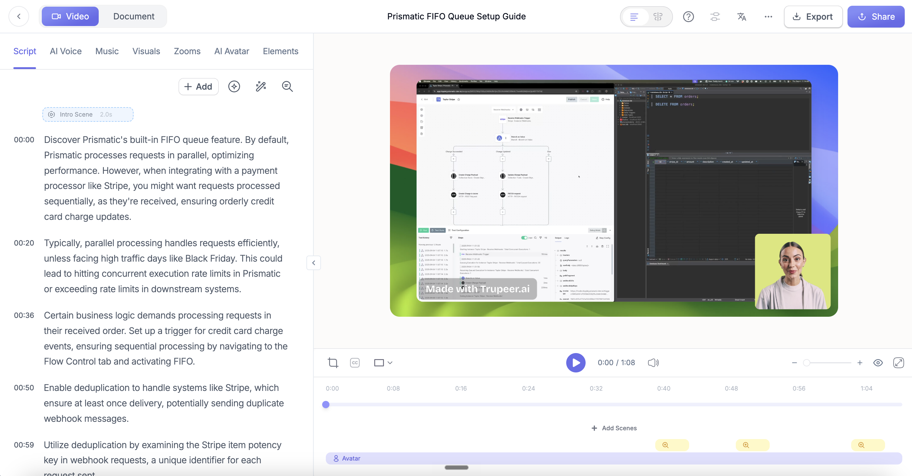 Trupeer's video editor shows the script, generated scenes, and production controls that turn a recording into a polished product video.