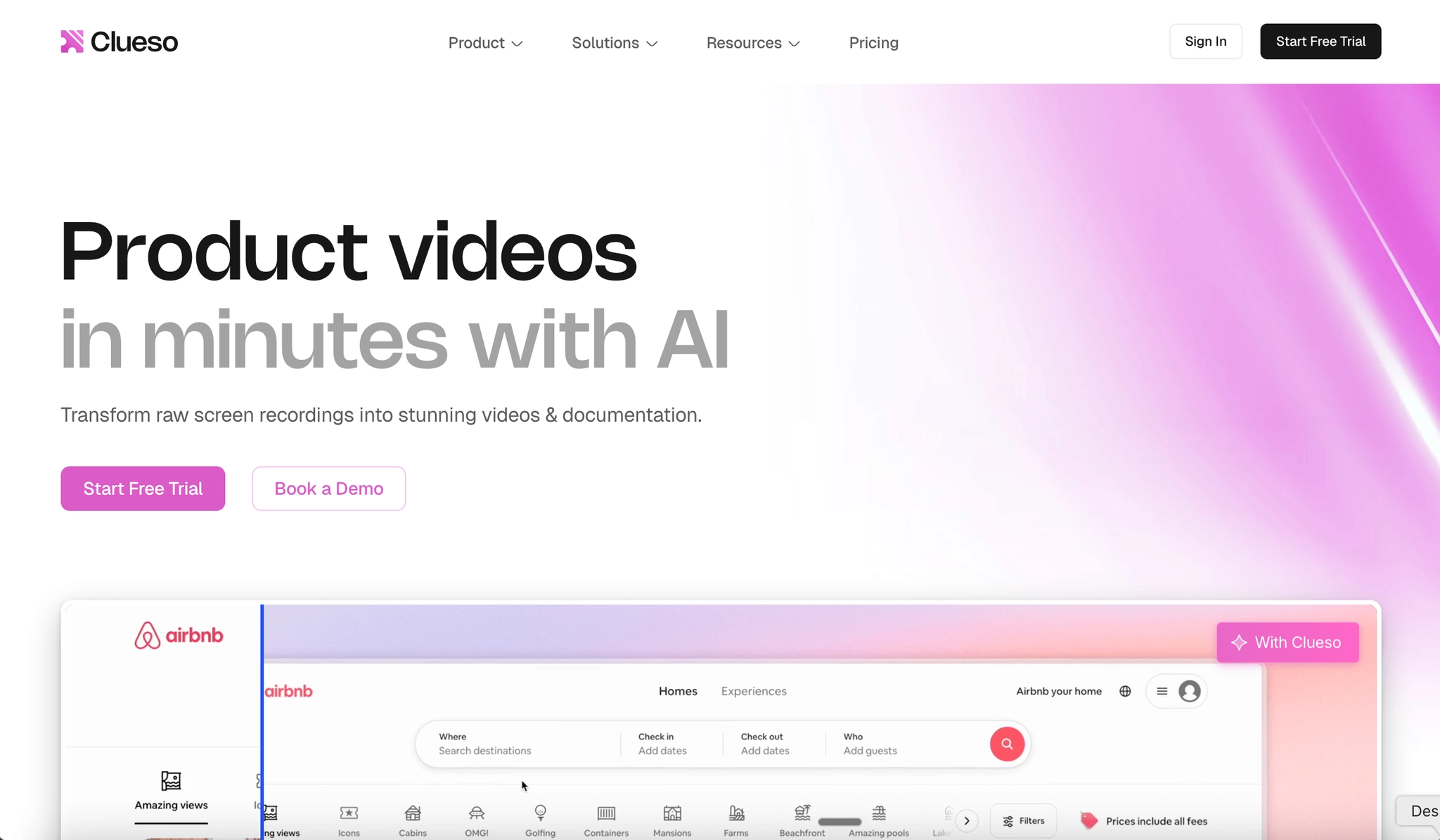 Clueso homepage showing product education video and article creation.