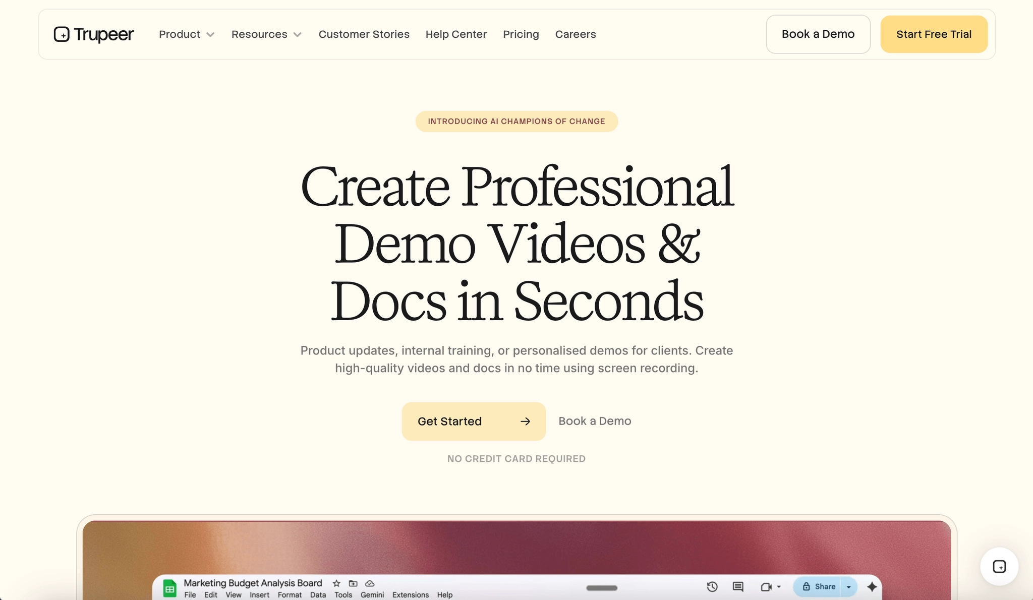 Trupeer homepage showing AI-polished demo video creation.