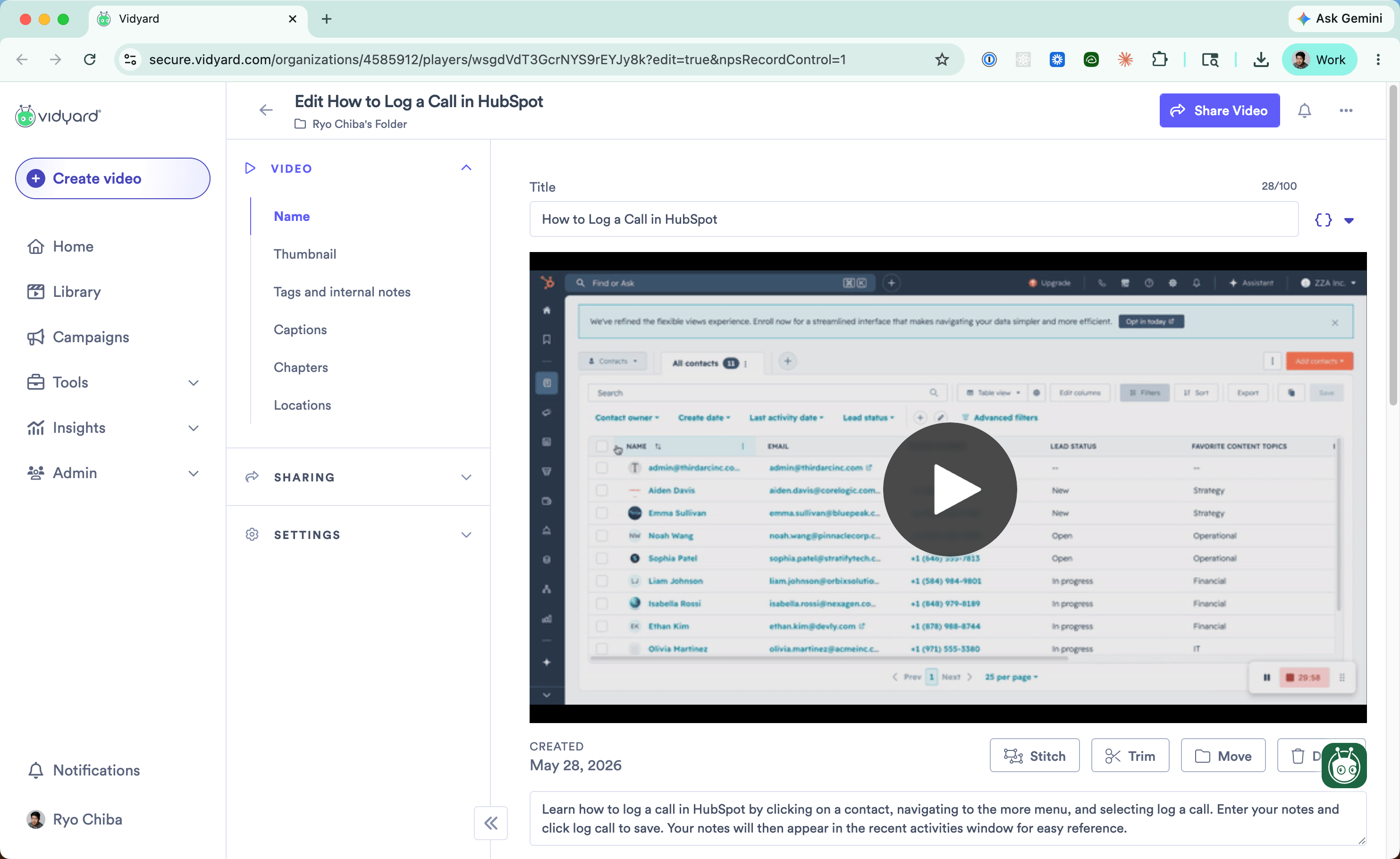 Vidyard's editor is shaped around sales video workflows, not internal process documentation.