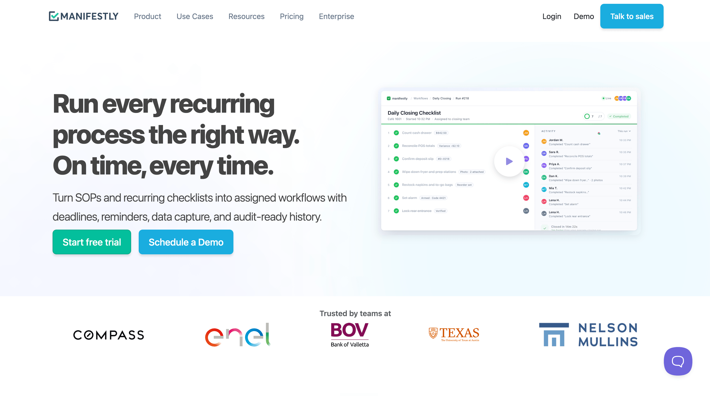 Manifestly positions itself around recurring workflows, SOPs, assignments, and audit history.