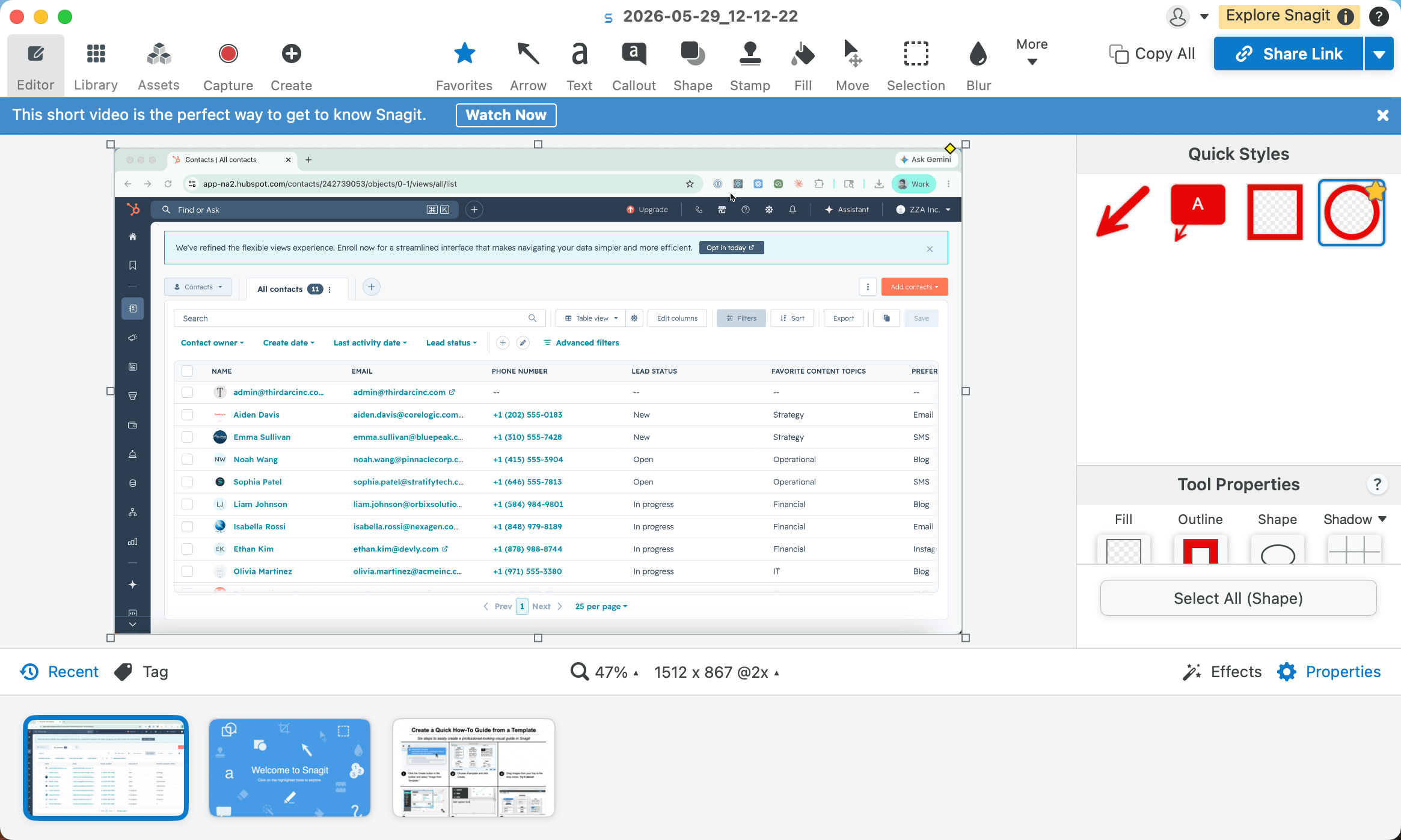 Snagit's editor is built for marked-up screenshots, redaction, and short visual explanations.