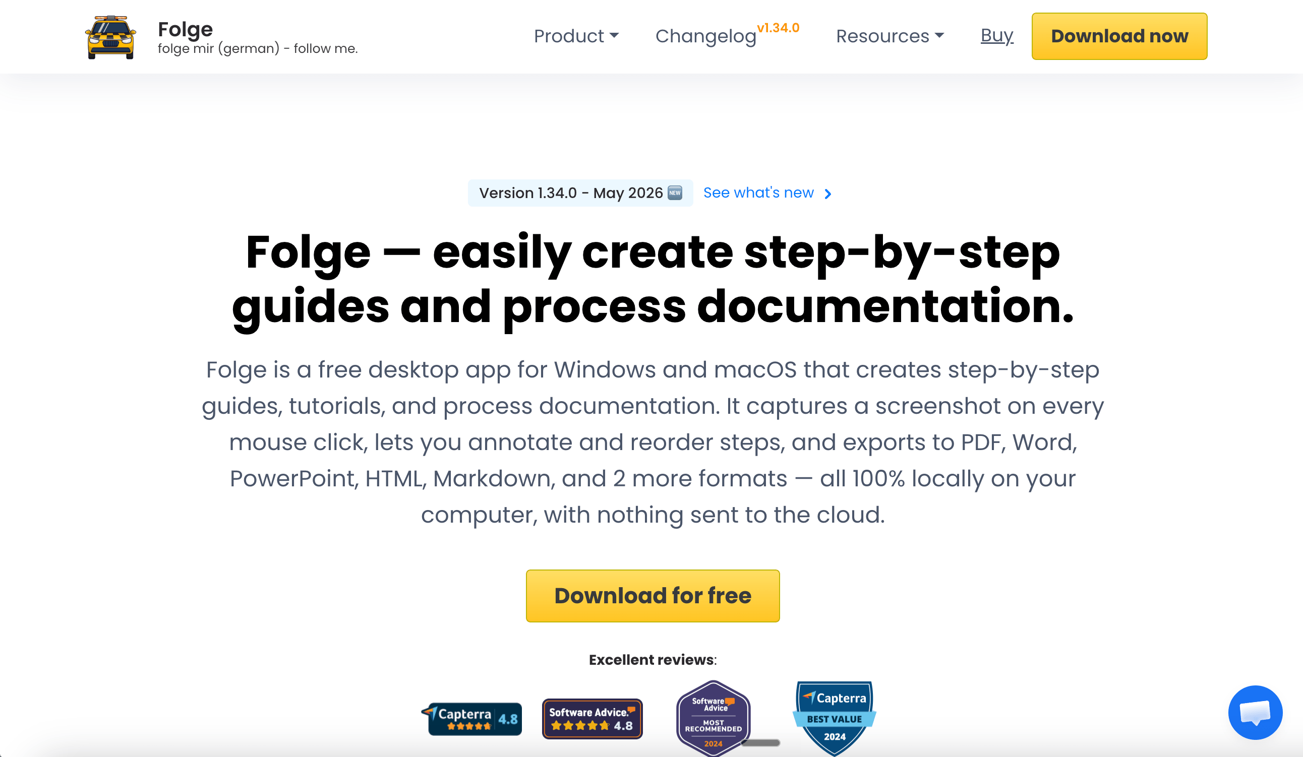 Folge's homepage highlights the offline desktop workflow and one-time license model.