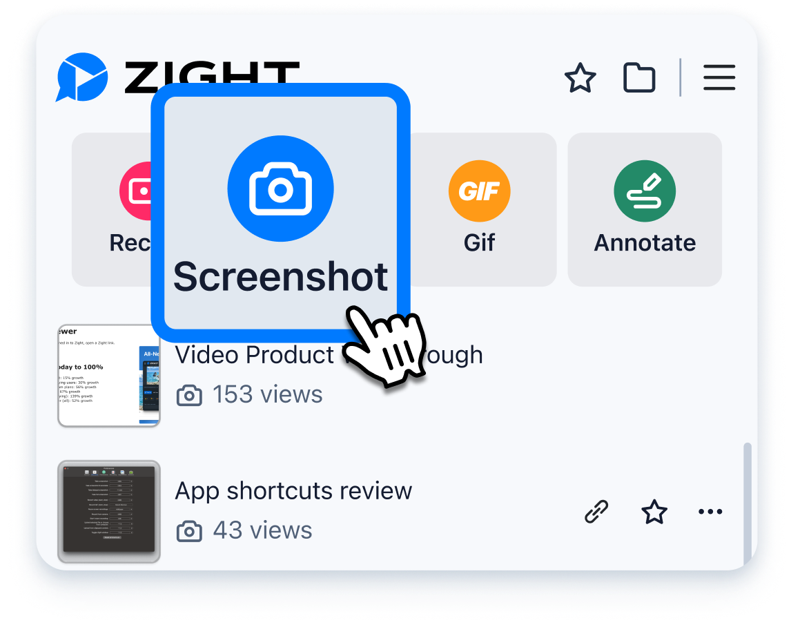 Zight's capture interface is built for quick screenshots, recordings, GIFs, and shareable visual context.