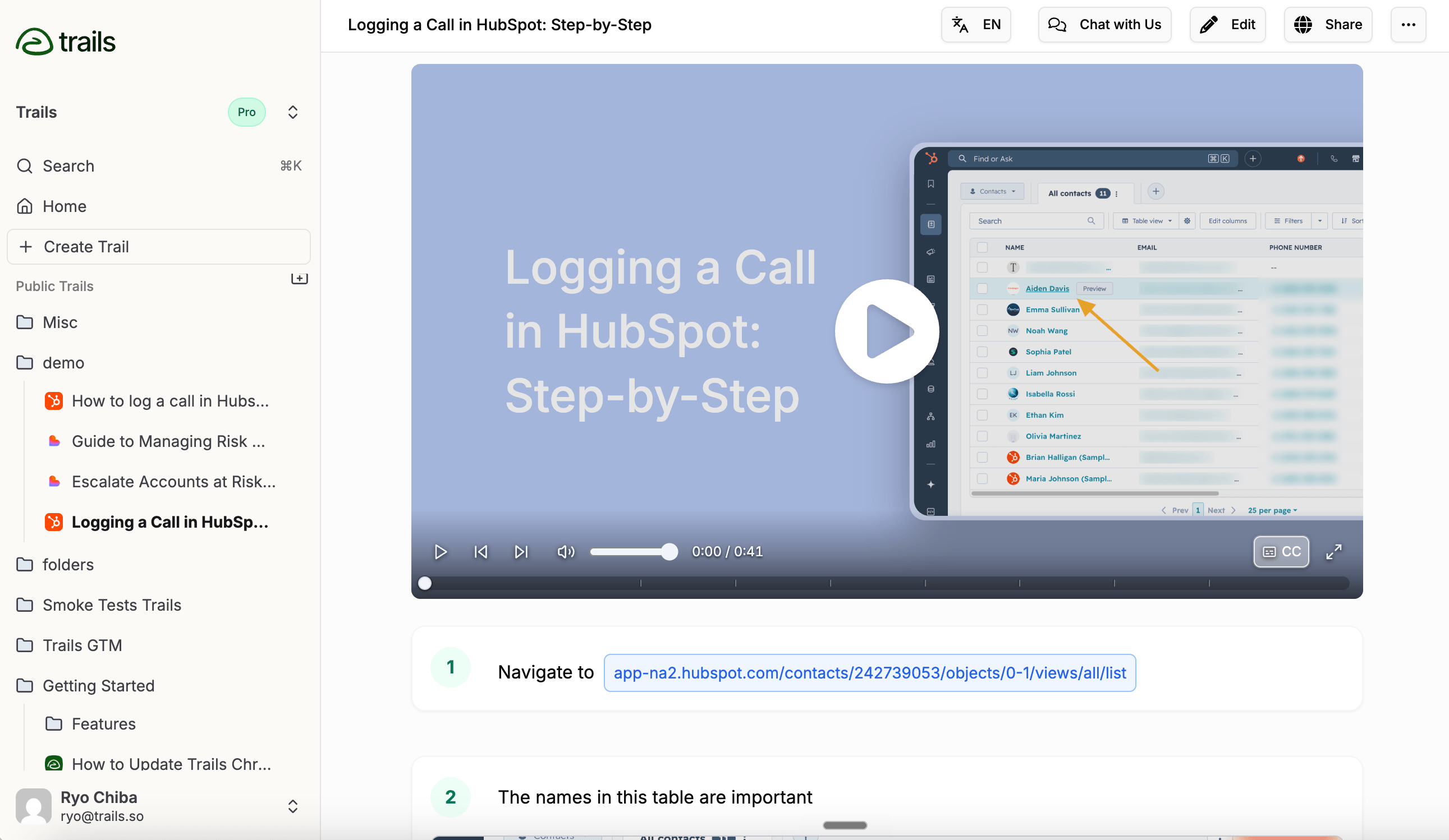 Trails uses a document-style editor where the written guide and generated training video stay connected.