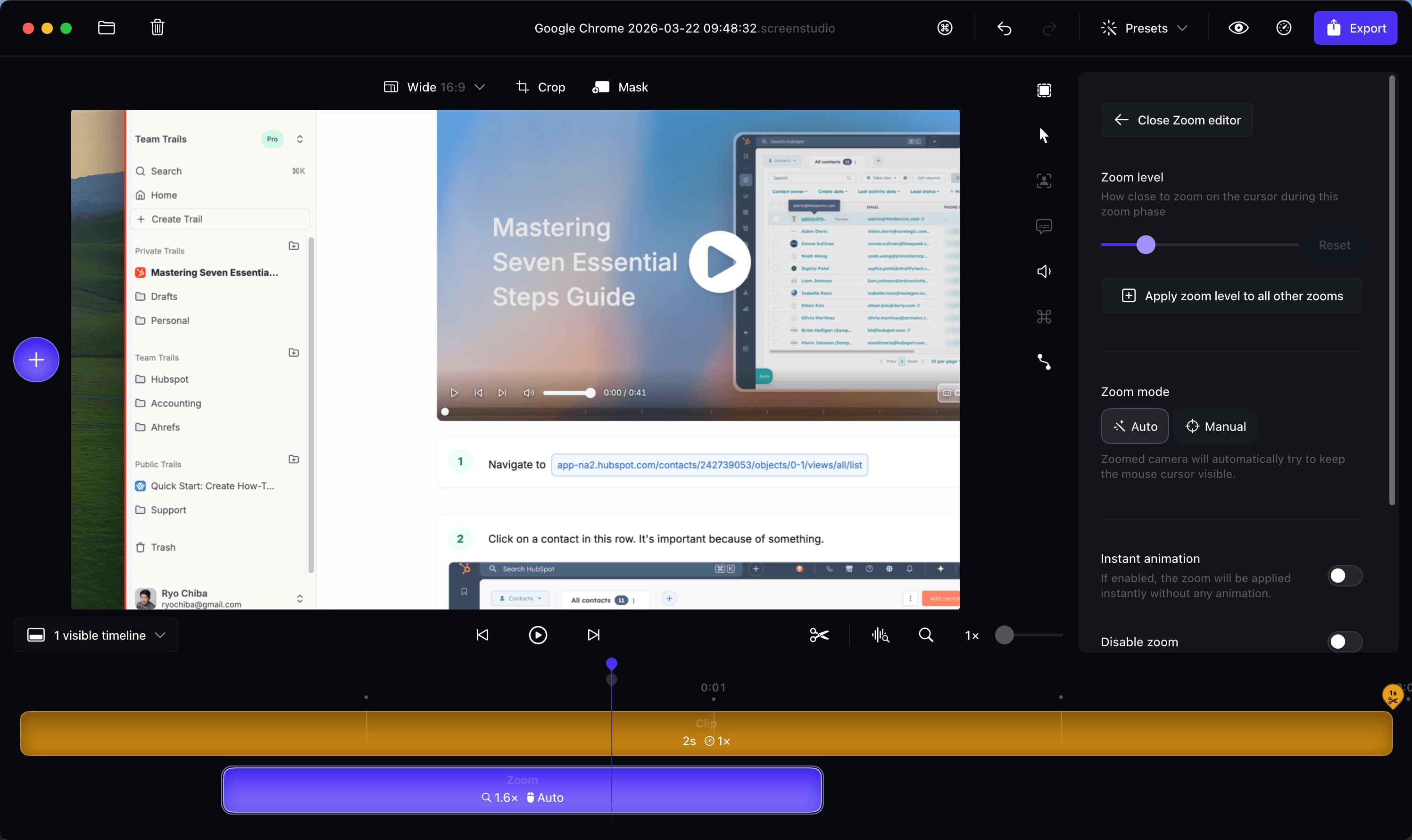 Screen Studio's editor is built around polished screen-video output, with zoom and cursor controls close to the timeline.
