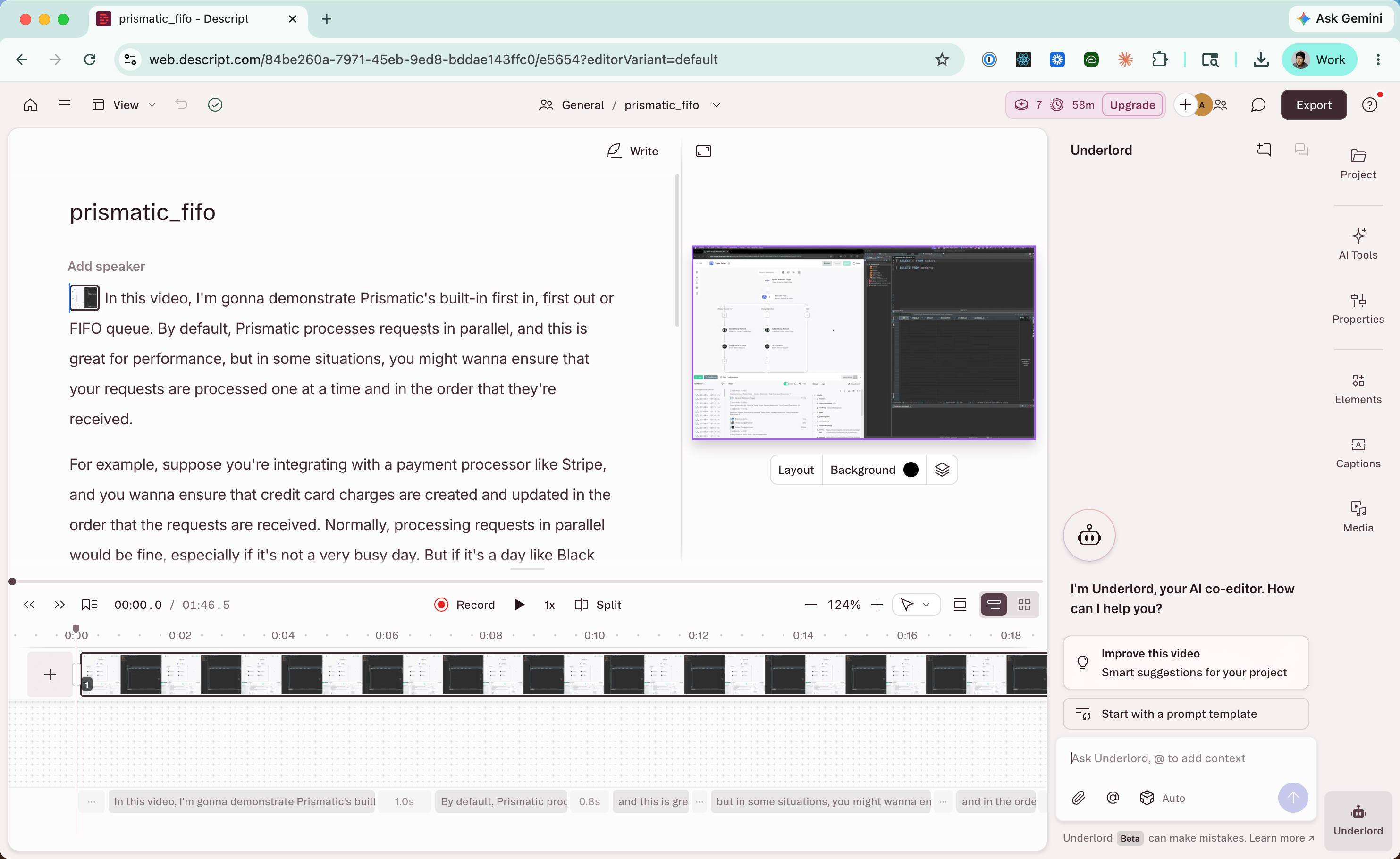 Descript places the transcript beside the video, letting authors edit the explanation through its text.