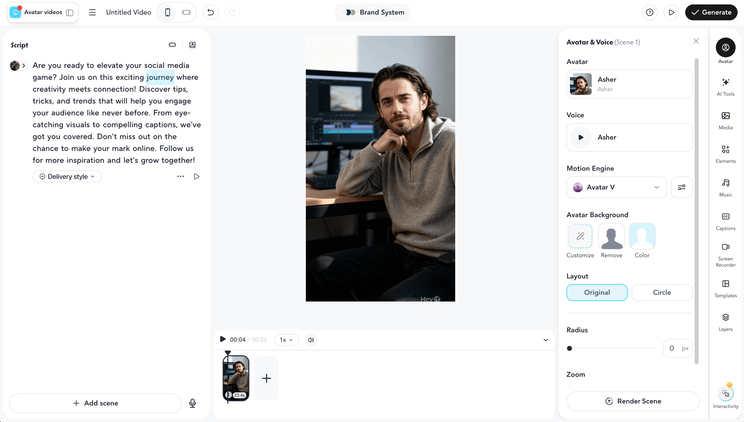 HeyGen's interface emphasizes creating videos around an on-screen presenter.